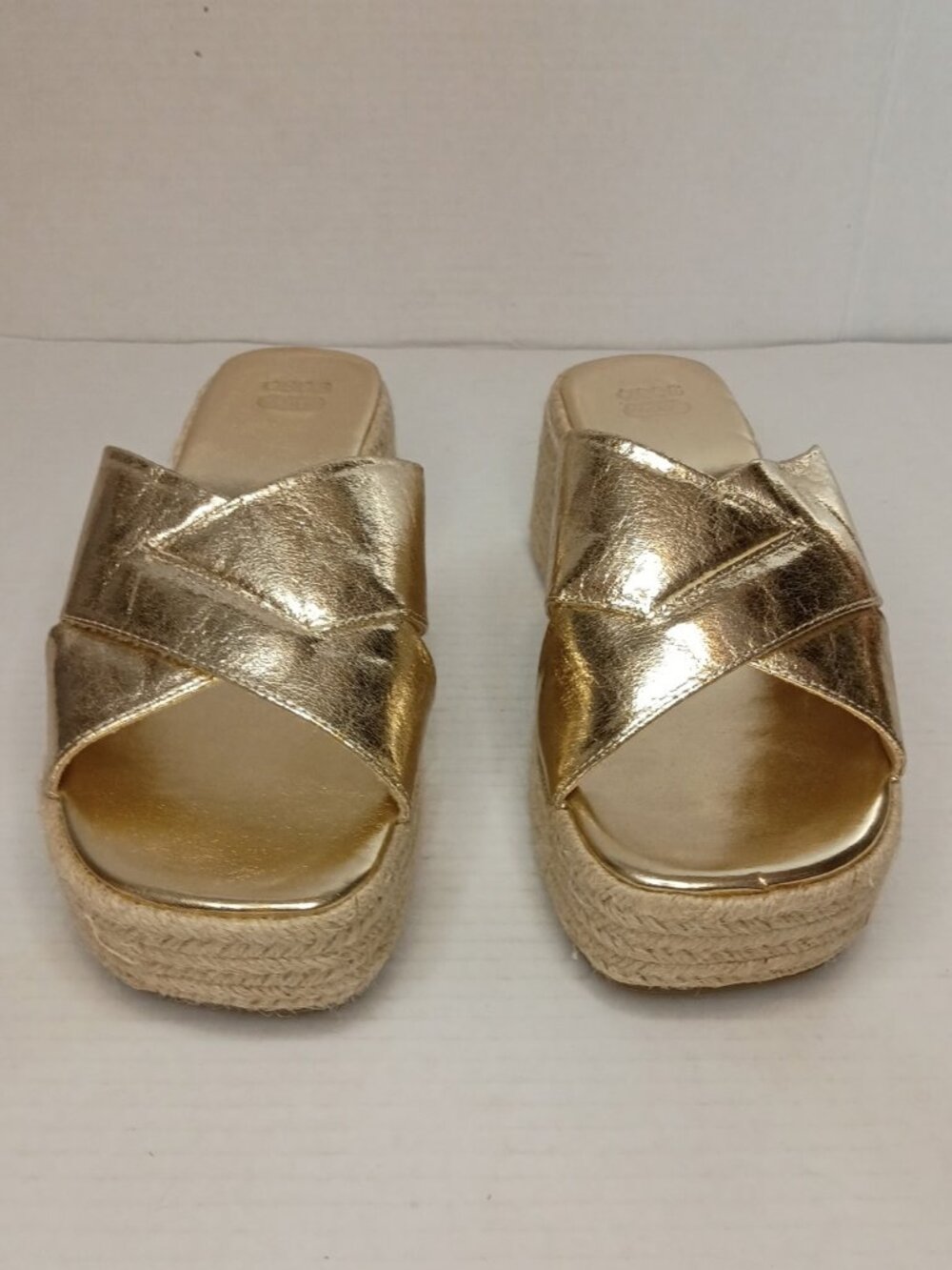 ASOS DESIGN Toy Gold Metallic Cross Strap Espadrille Platform Slides Size US 8